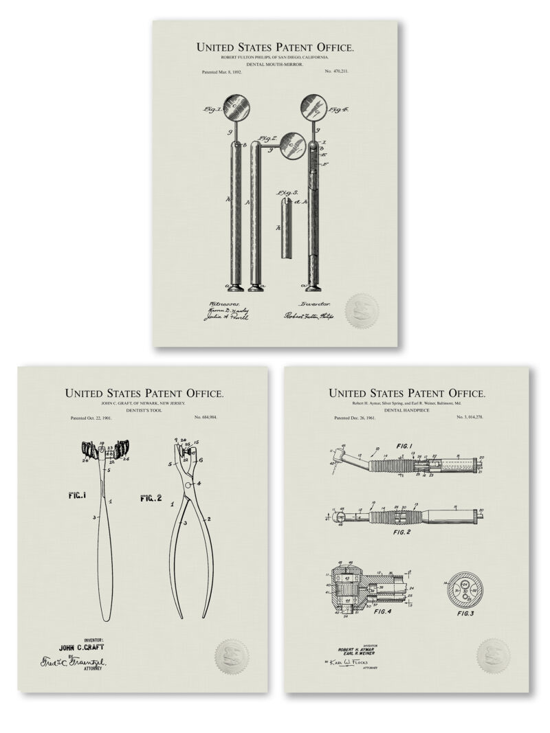 Collection of three vintage dental tool patent illustrations.