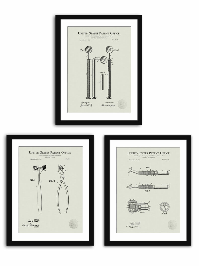 Collection of three vintage dental tool patent illustrations.