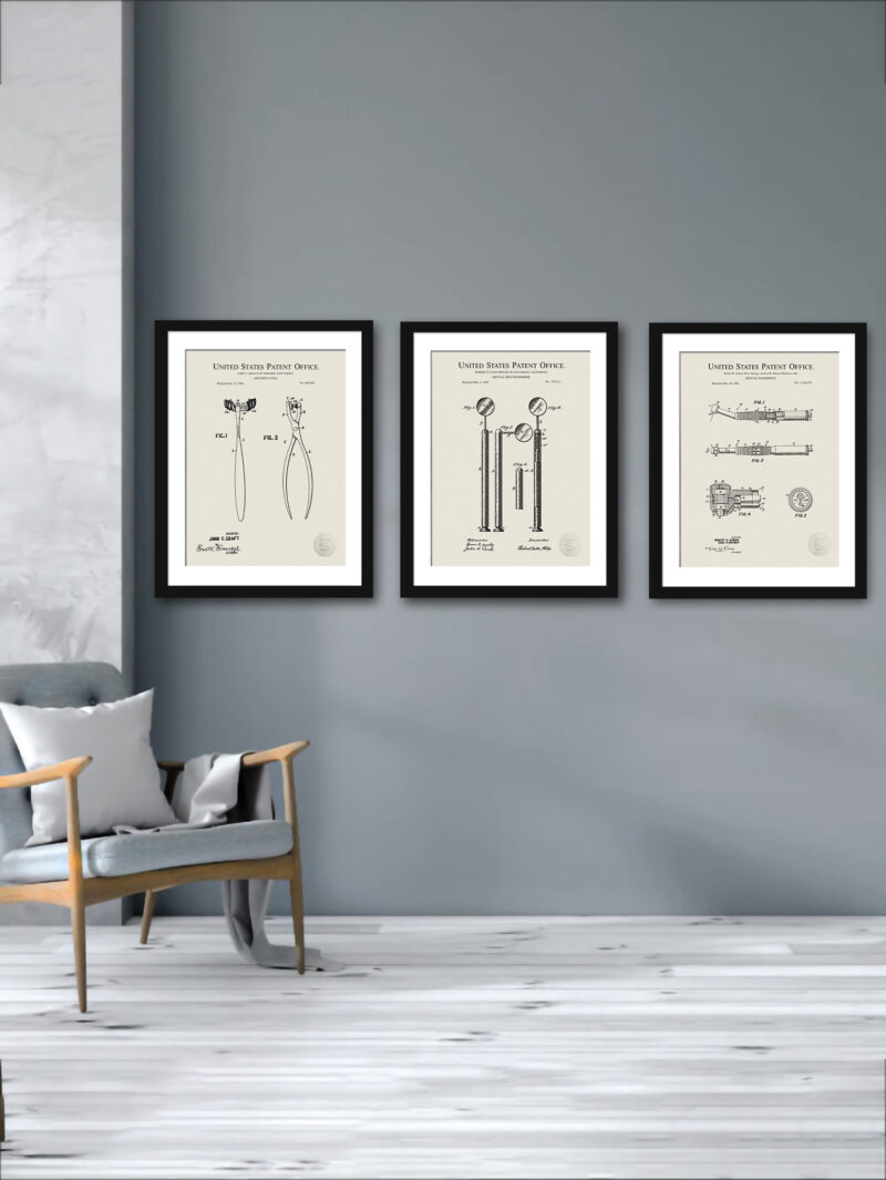 Collection of three vintage dental tool patent illustrations.