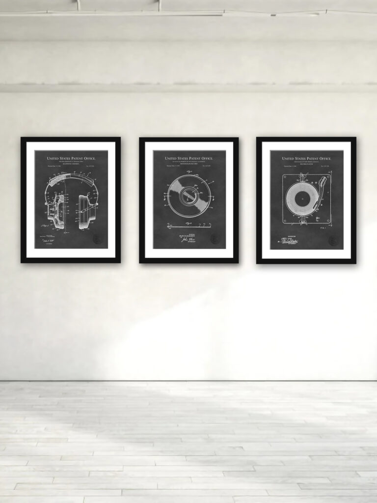 Collection of three vintage DJ equipment patent illustrations.