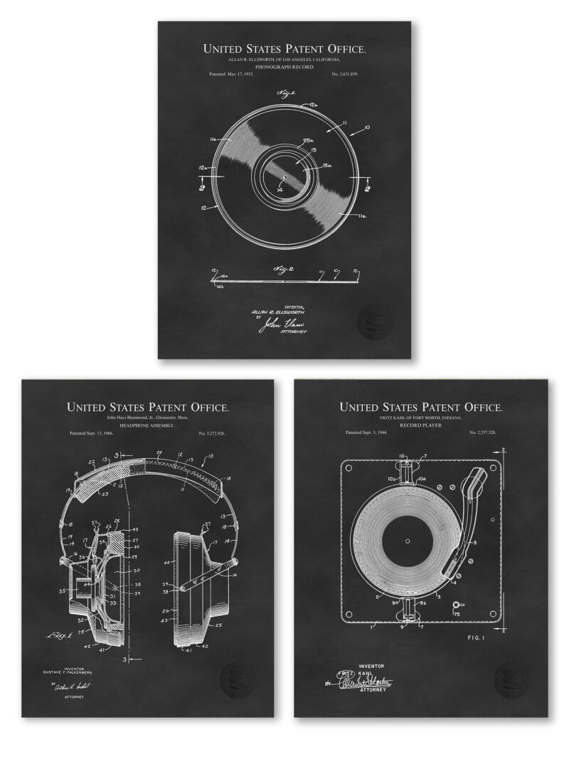 Collection of three vintage DJ equipment patent illustrations.