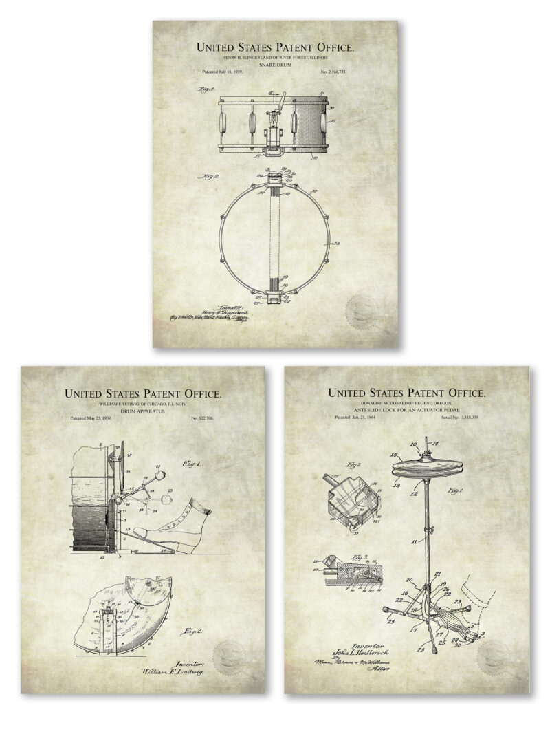 Vintage Drum Patent Art Prints Set
