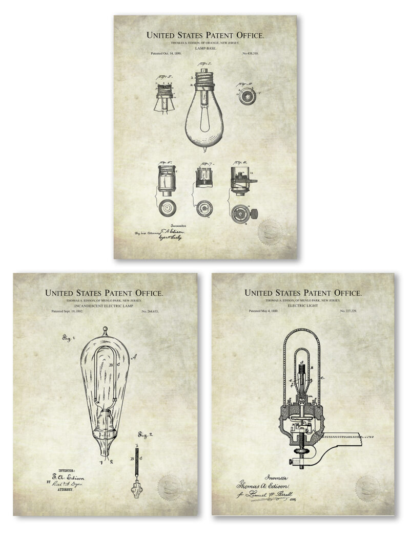 Set of three Thomas Edison light invention patent illustrations.
