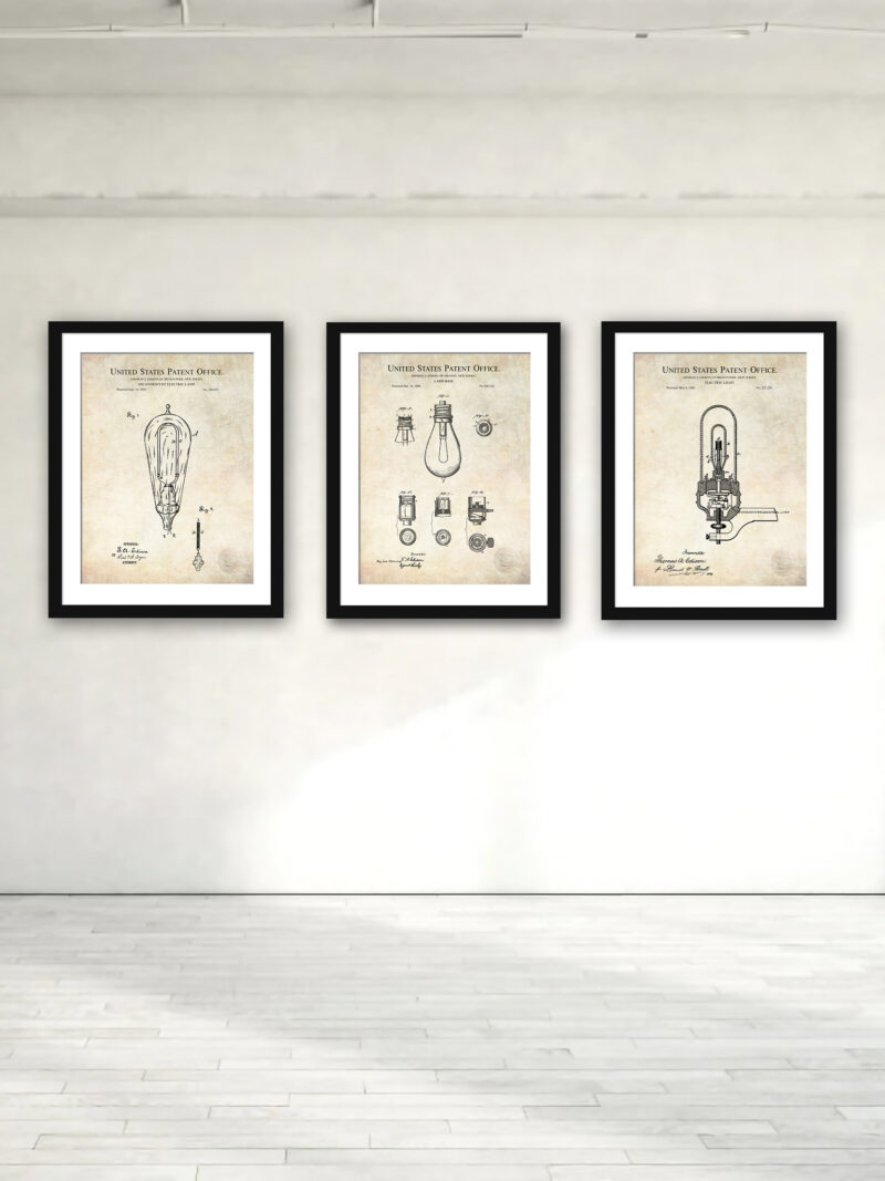 Set of three Thomas Edison light invention patent illustrations.