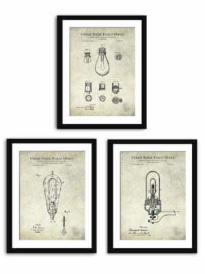 Set of three Thomas Edison light invention patent illustrations.