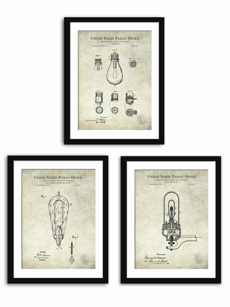 Set of three Thomas Edison light invention patent illustrations.