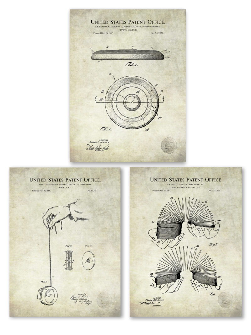 Collection of three vintage toy patent prints including a slinky, frisbee, and yoyo.