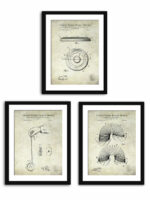Collection of three vintage toy patent prints including a slinky, frisbee, and yoyo.