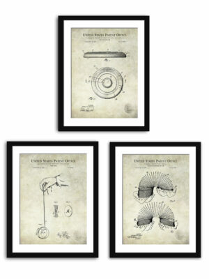 Collection of three vintage toy patent prints including a slinky, frisbee, and yoyo.