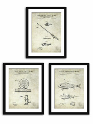 Collection of three vintage fishing patent illustrations.