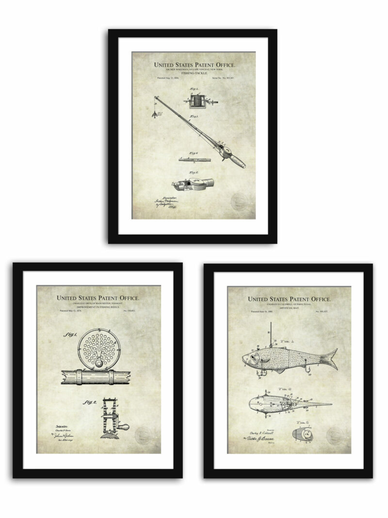 Collection of three vintage fishing patent illustrations.
