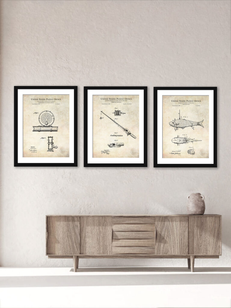 Collection of three vintage fishing patent illustrations.