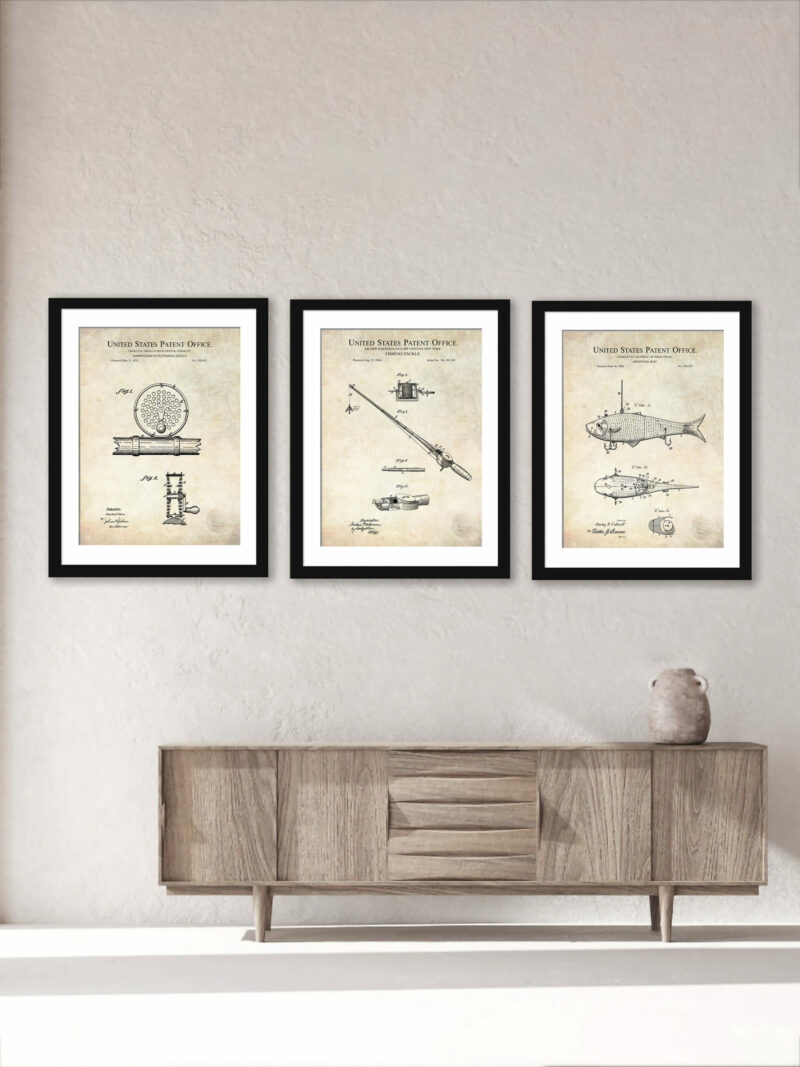Collection of three vintage fishing patent illustrations.
