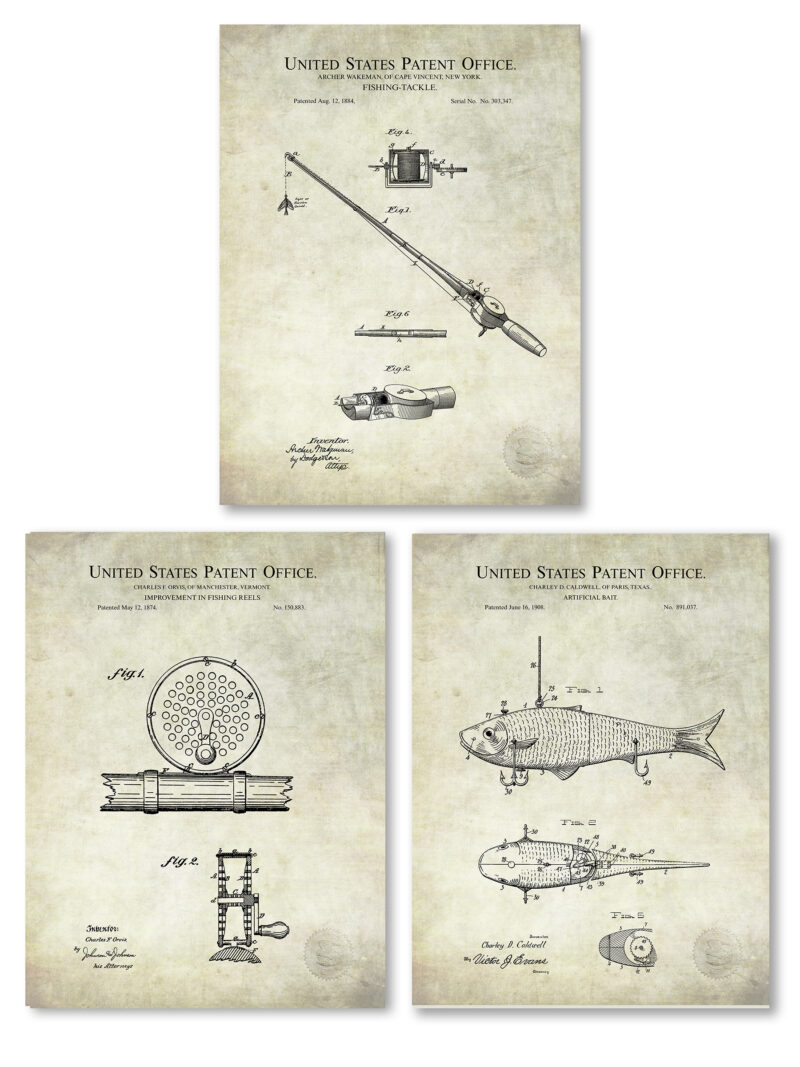 Collection of three vintage fishing patent illustrations.