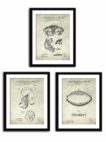 Collection of three vintage football patent prints, including a jacket, helmet, and game ball.