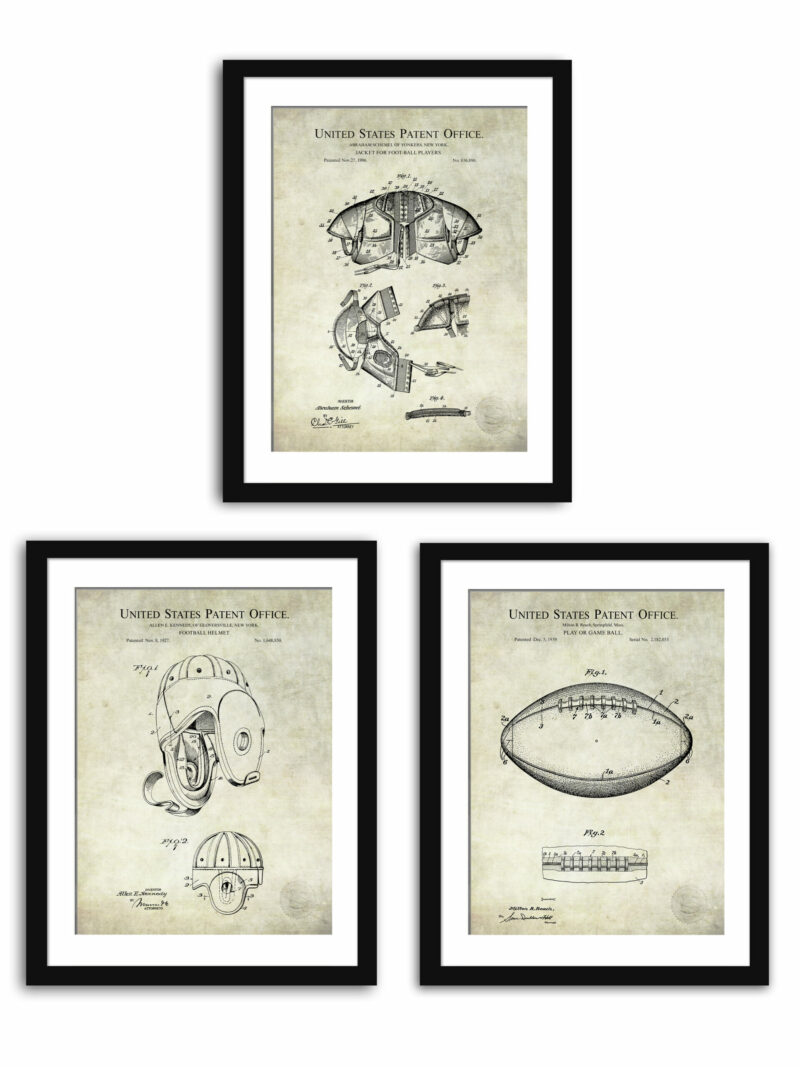 Collection of three vintage football patent prints, including a jacket, helmet, and game ball.