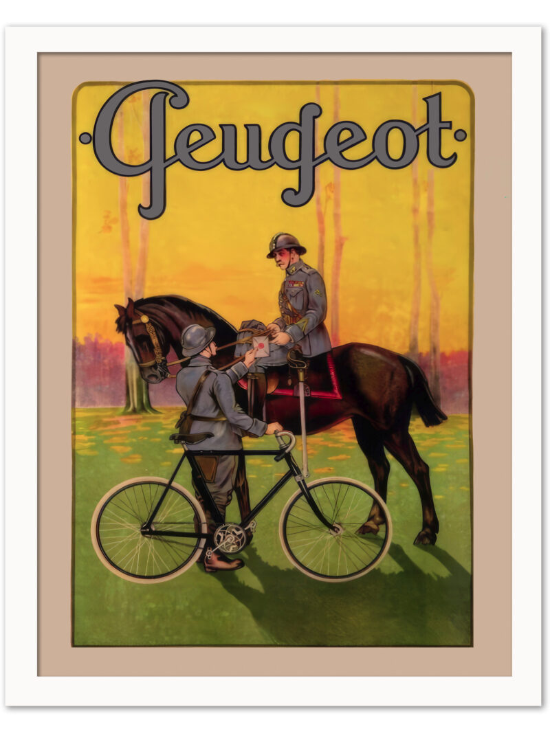 1908 Peugeot Bicycle Advertising Poster with Military Messenger