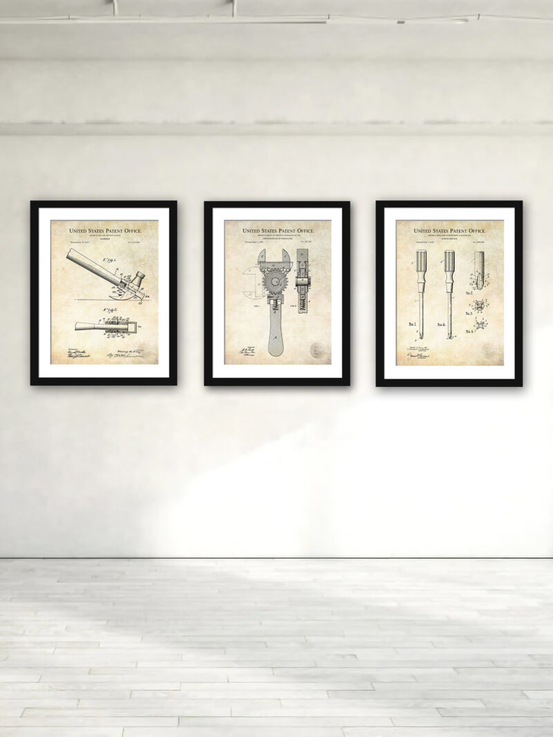 Collection of three vintage workshop hand tool patent illustrations