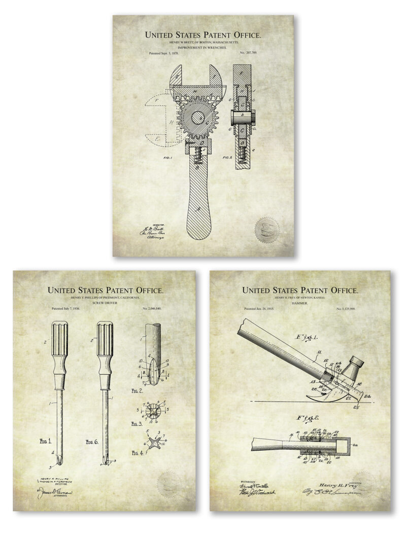 Collection of three vintage workshop hand tool patent illustrations