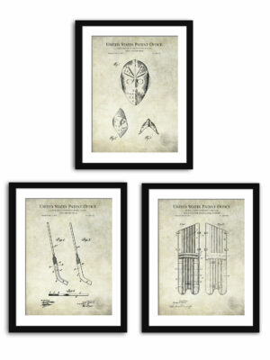 Set of three vintage hockey goalie equipment patent illustrations.
