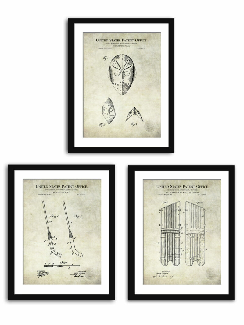 Set of three vintage hockey goalie equipment patent illustrations.