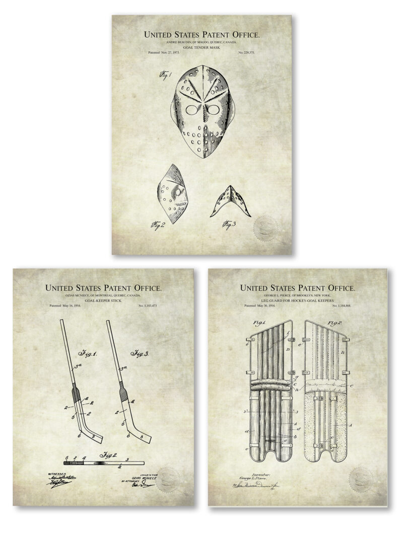Set of three vintage hockey goalie equipment patent illustrations.