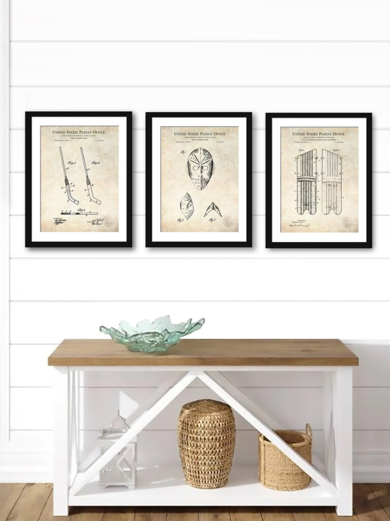 Set of three vintage hockey goalie equipment patent illustrations.