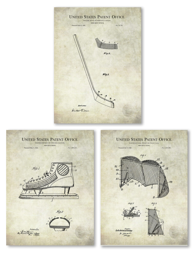 Set of three vintage hockey equipment patent illustrations.