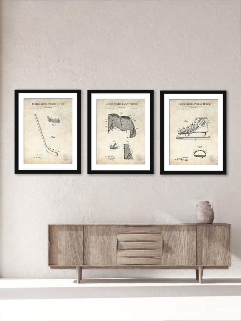 Set of three vintage hockey equipment patent illustrations.