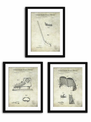 Set of three vintage hockey equipment patent illustrations.