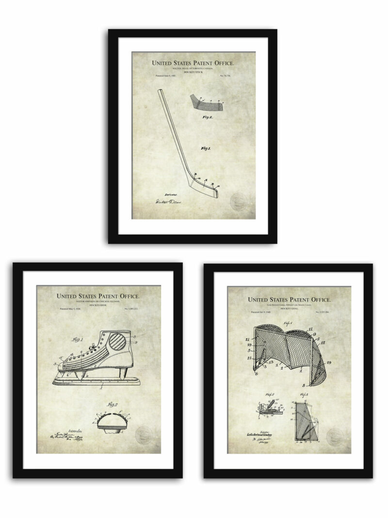 Set of three vintage hockey equipment patent illustrations.