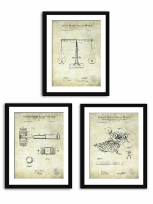 Set of three law-themed patent illustrations, ideal for professional office decor.
