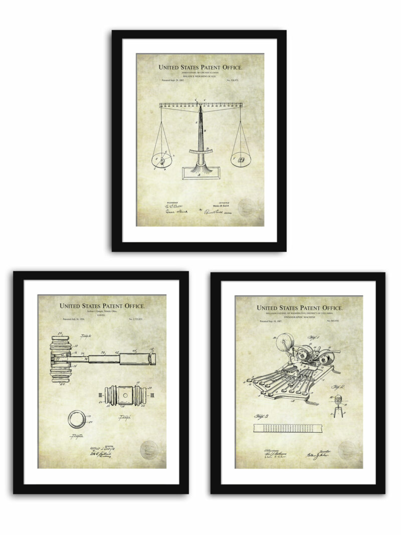 Set of three law-themed patent illustrations, ideal for professional office decor.