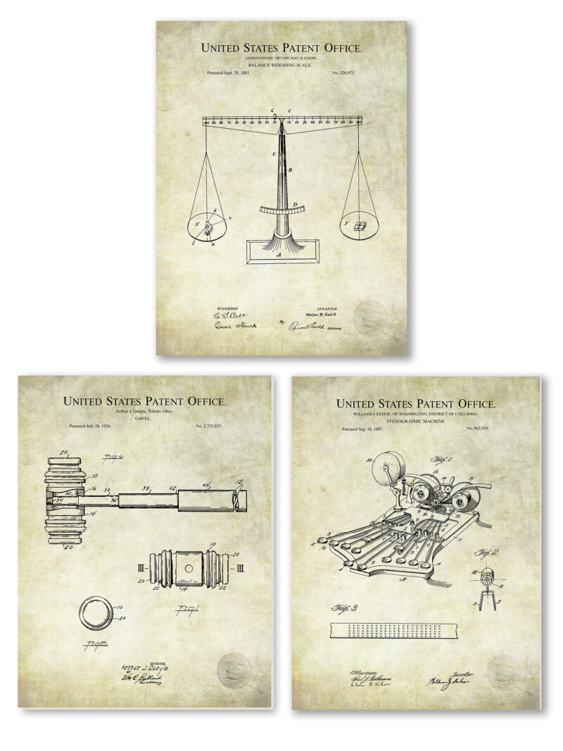 Set of three law-themed patent illustrations, ideal for professional office decor.
