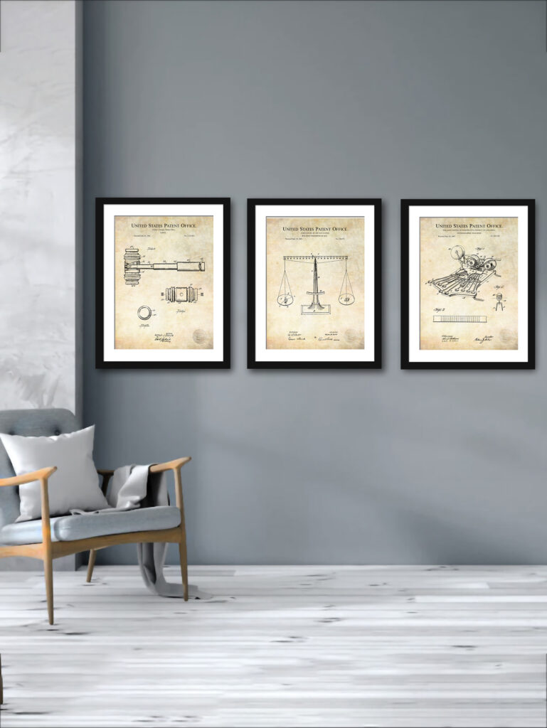 Set of three law-themed patent illustrations, ideal for professional office decor.