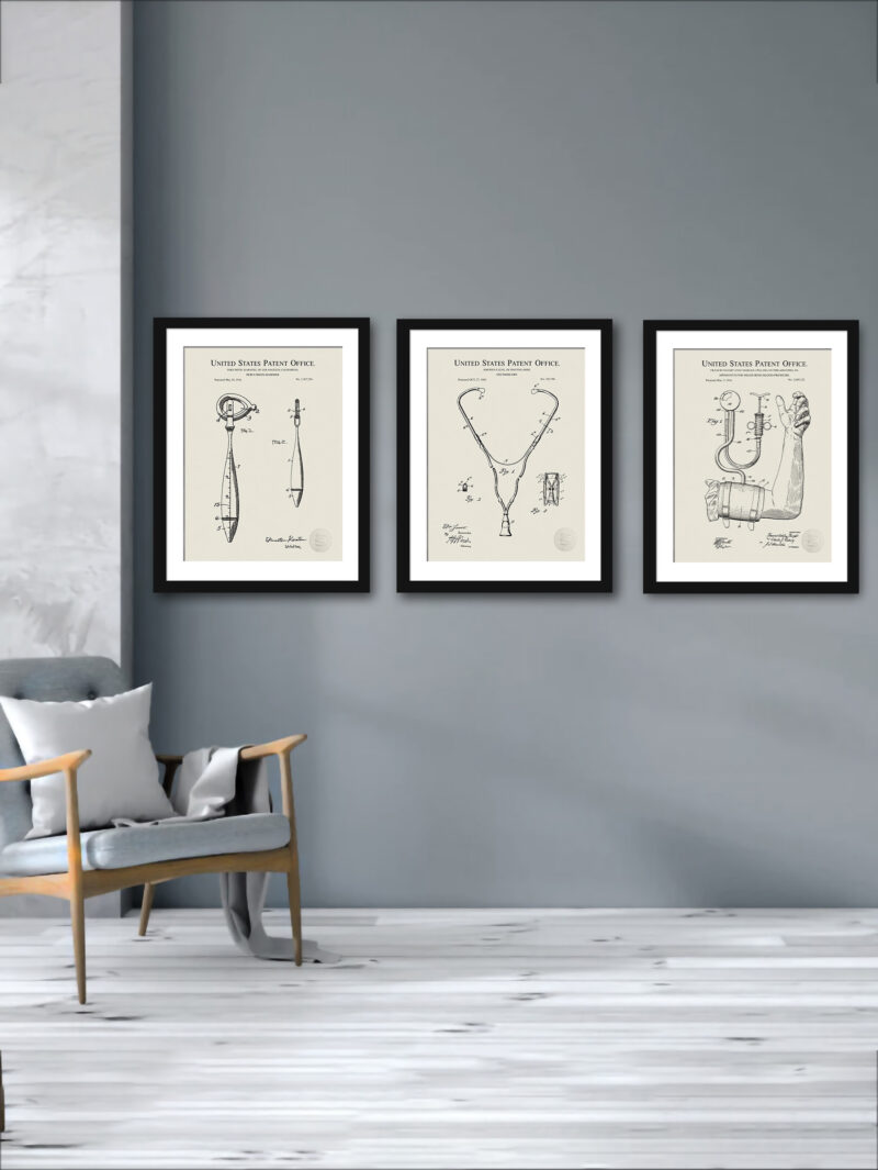 Set of three vintage medical patent illustrations, featuring a stethoscope, blood-pressure apparatus, and percussion-hammer.