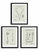Set of three vintage medical patent illustrations, featuring a stethoscope, blood-pressure apparatus, and percussion-hammer.