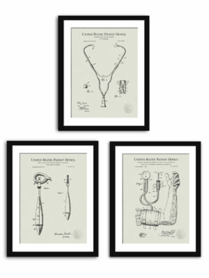 Set of three vintage medical patent illustrations, featuring a stethoscope, blood-pressure apparatus, and percussion-hammer.