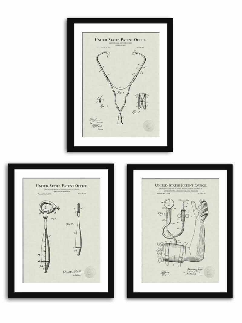 Set of three vintage medical patent illustrations, featuring a stethoscope, blood-pressure apparatus, and percussion-hammer.