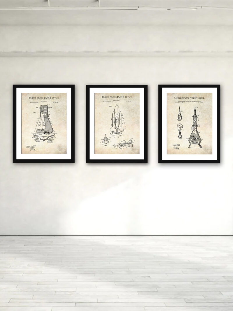 Collection of three NASA patent prints featuring space technology.