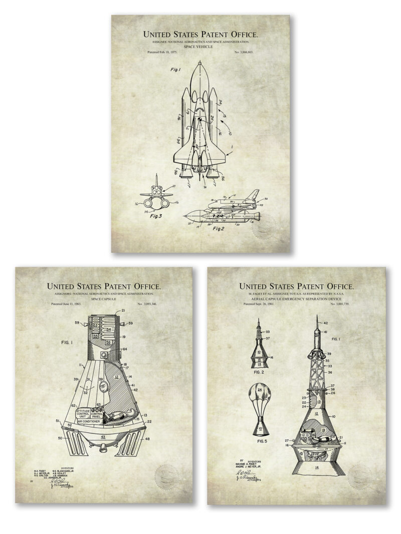 collection of three NASA patent prints featuring space technology.