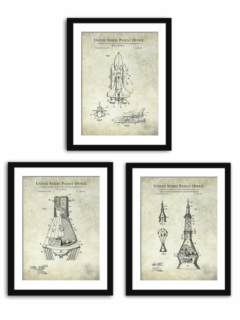 Collection of three NASA patent prints featuring space technology.