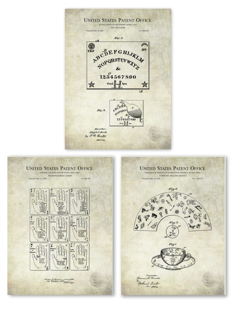 Collection of mystic and occult patent prints from the early 20th century.