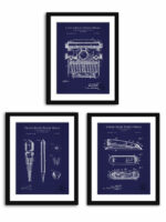 Set of three vintage office equipment patent illustrations, featuring a typewriter, ballpoint pen, and stapler.