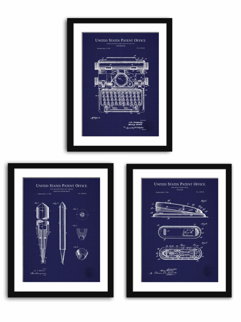Set of three vintage office equipment patent illustrations, featuring a typewriter, ballpoint pen, and stapler.