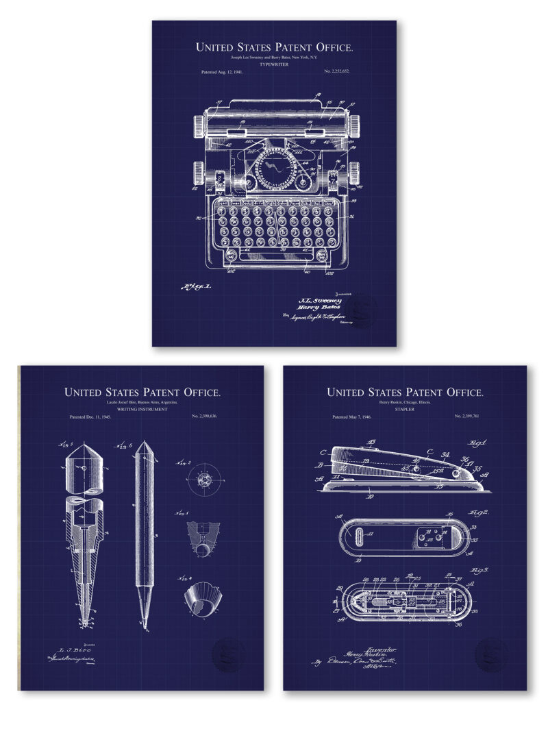 Set of three vintage office equipment patent illustrations, featuring a typewriter, ballpoint pen, and stapler.