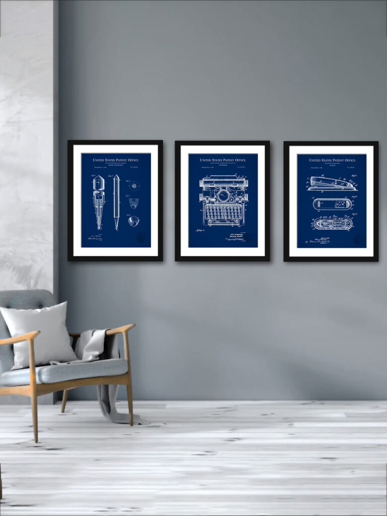 Set of three vintage office equipment patent illustrations, featuring a typewriter, ballpoint pen, and stapler.