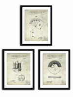 Collection of three vintage poker card patents including playing cards, poker chips, and chip holders.