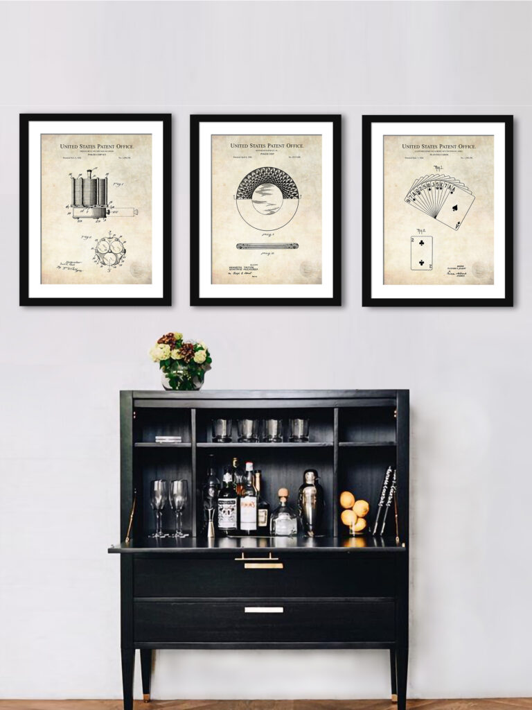 Collection of three vintage poker card patents including playing cards, poker chips, and chip holders.