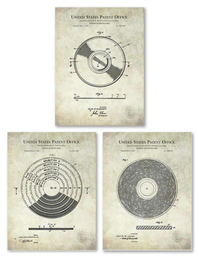 Vintage phonograph record patent illustrations set.